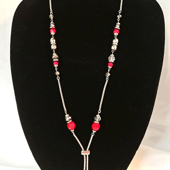 Vintage 80s Jules Long Necklace Lariet Style Red Beads & Smokey Quartz Crystals - Picture 10 of 16